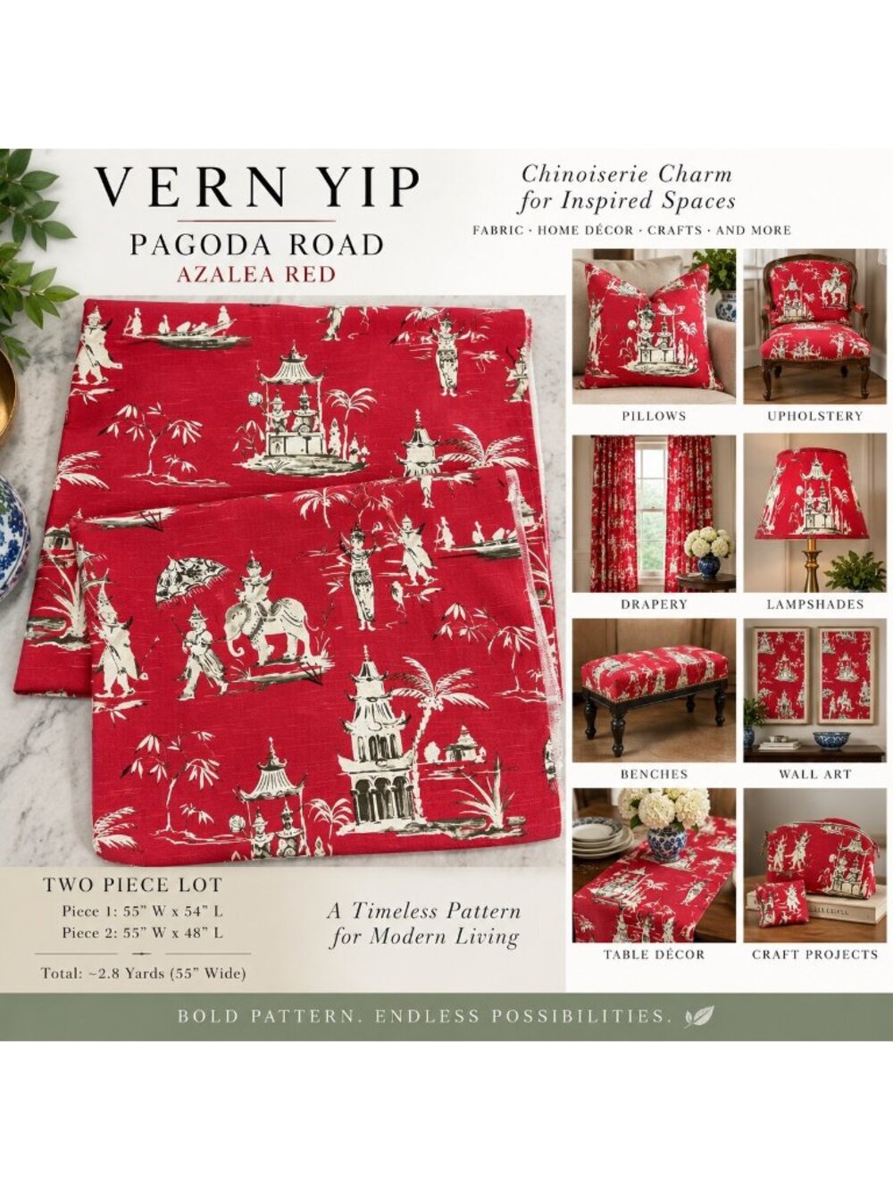 Vern Yip Pagoda Road Azalea Red Chinoiserie Fabric Remnants 2 Pc ~2.8 Yds